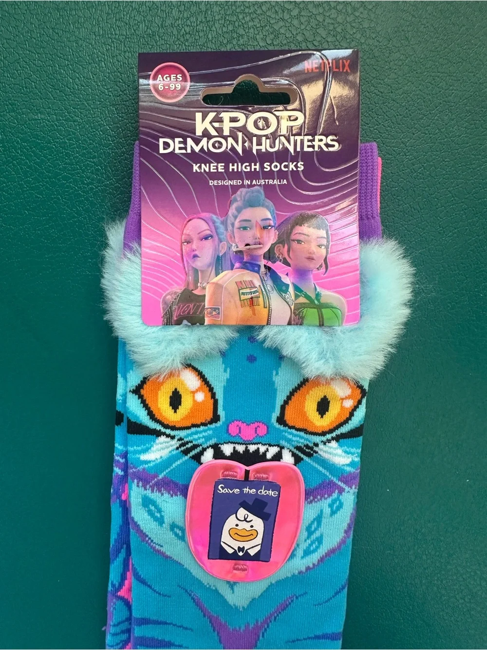 Derpy Cat K-Pop Demon Hunters Knee High Socks - Turquoise Purple Pink - Netflix